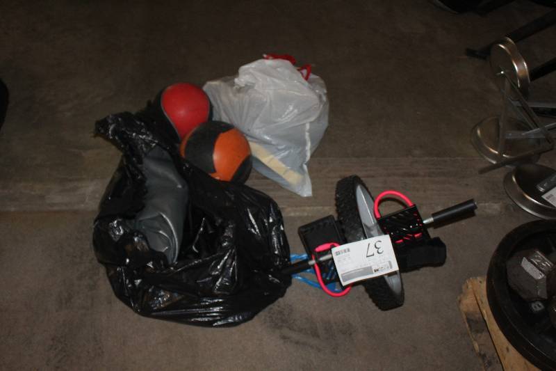 Lot of Exercise Equipment Including Medicine Balls, Power Training Ropes, Power Training Wheel, Yoga Balls