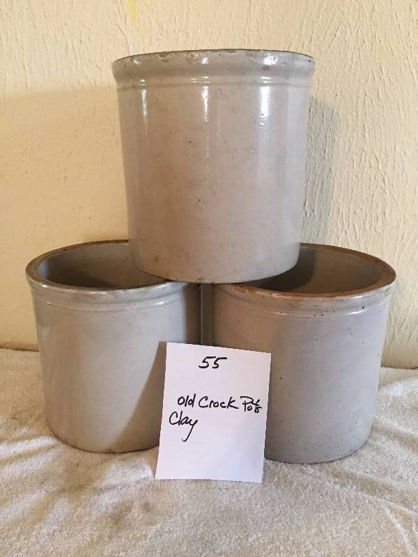 THREE CLAY CROCKS NO MARKINGS