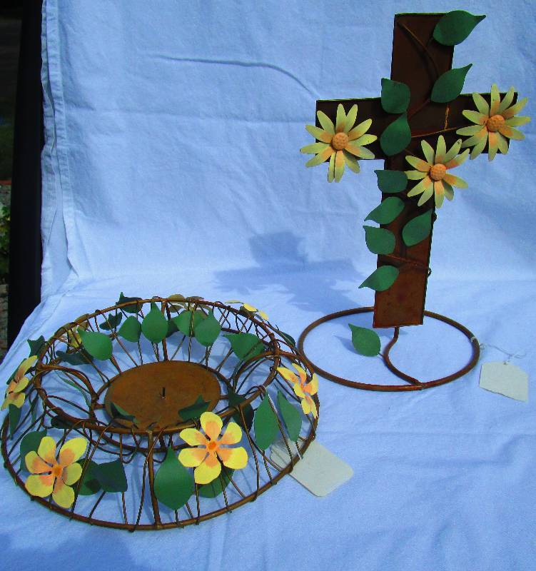 NEW 1 METAL FLORAL CANDLE HOLDER AND 1 METAL FLORAL CROSS