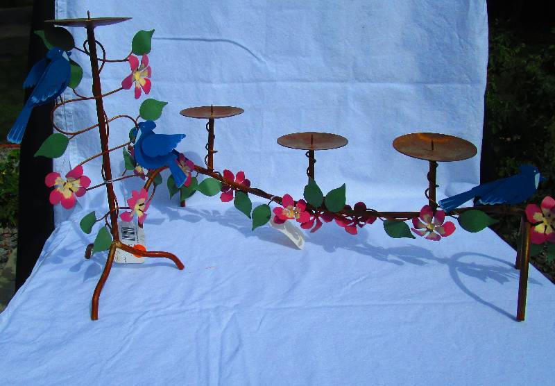 NEW 2 METAL FLORAL CANDLE HOLDERS WITH BLUEBIRDS