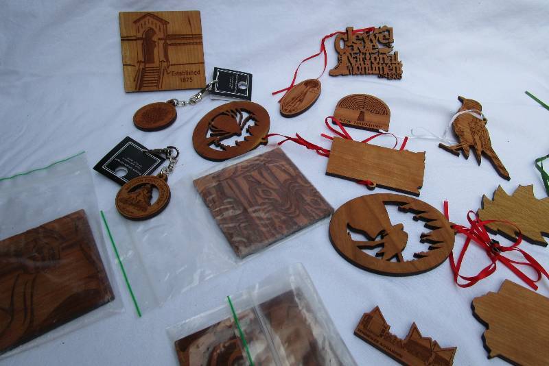 NEW WOOD KEY CHAINS, COASTERS AND ORNAMENTS AND MAGNETS