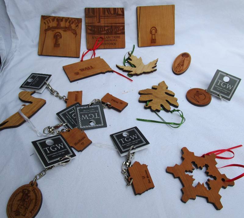 NEW WOOD KEY CHAINS, COASTERS AND ORNAMENTS AND MAGNETS