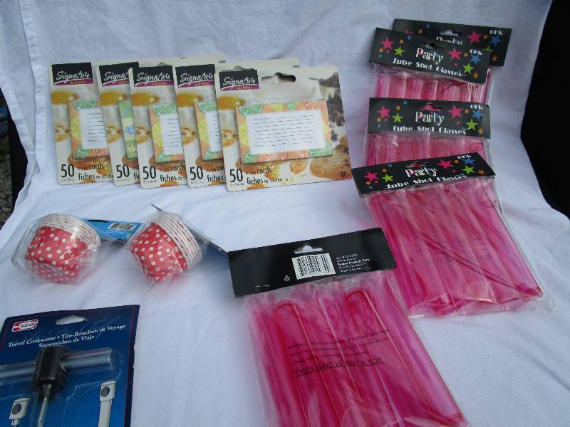 NEW BOX LOT OF 5 PACKS OF RECIPE CARDS AND 5 PACKS OF SHOT GLASSES 2 PACKS OF SNACK CUPS AND CORKSCREW