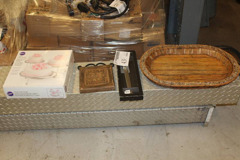 lot 43 image: Lot of Kitchenwares Including New Wilton Cake Stand, Serving Tray, New Knifes, Decorations