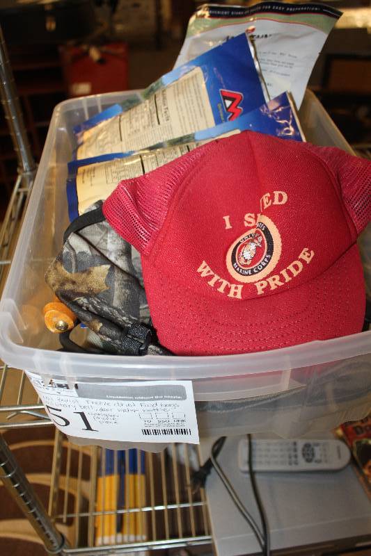 lot 51 image: Box Lot of Survival Gear Including Freeze Dried Food, Gloves, Military Belt, Deer Water Bottle, Gloves, Vintage Phone Piece