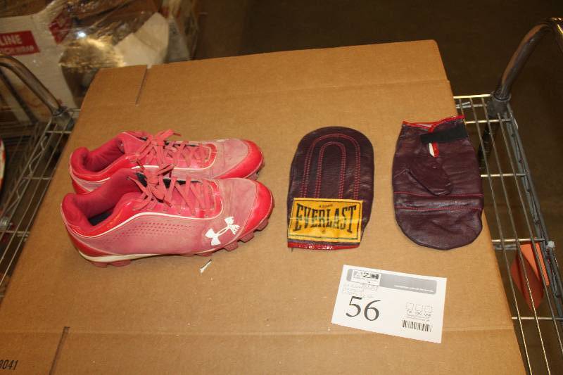 lot 56 image: Lot of Sporting Equipment Including Under Armour Size 12 Cleats, Boxing Gloves