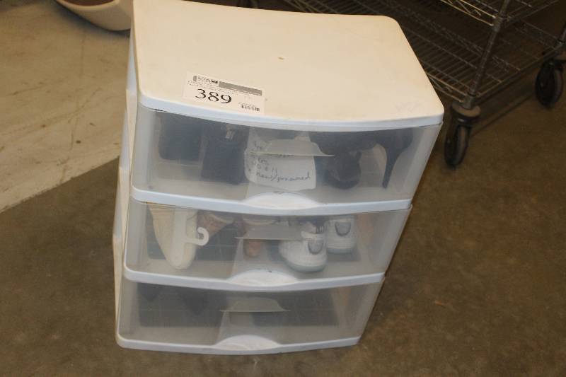 lot 389 image: Lot of (7) Including Plastic 3-Tier Cart w New,Used Shoes