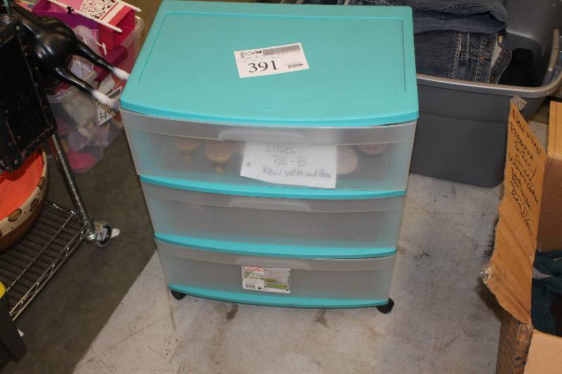 lot 391 image: Lot of (6) Including Plastic 3-Tier Cart w New,Used Shoes