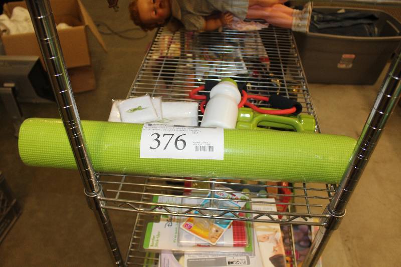 lot 376 image: Lot of (8) Exercise Equipment Including New Exercise Mat, Water Bottle, Wrist Bands, Weights, Towel, Pulley