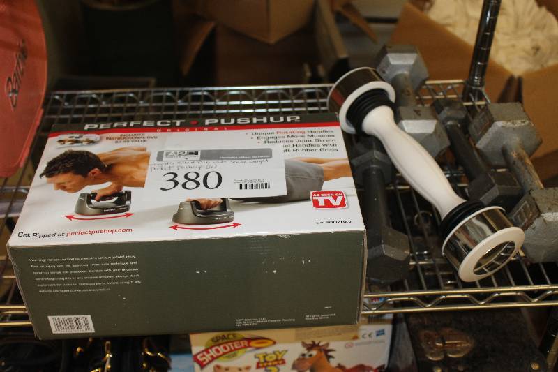 lot 380 image: Lot of (6) Exercise Equipment Including 5,10lbs Weights, Shake Weight, Perfect Push-up
