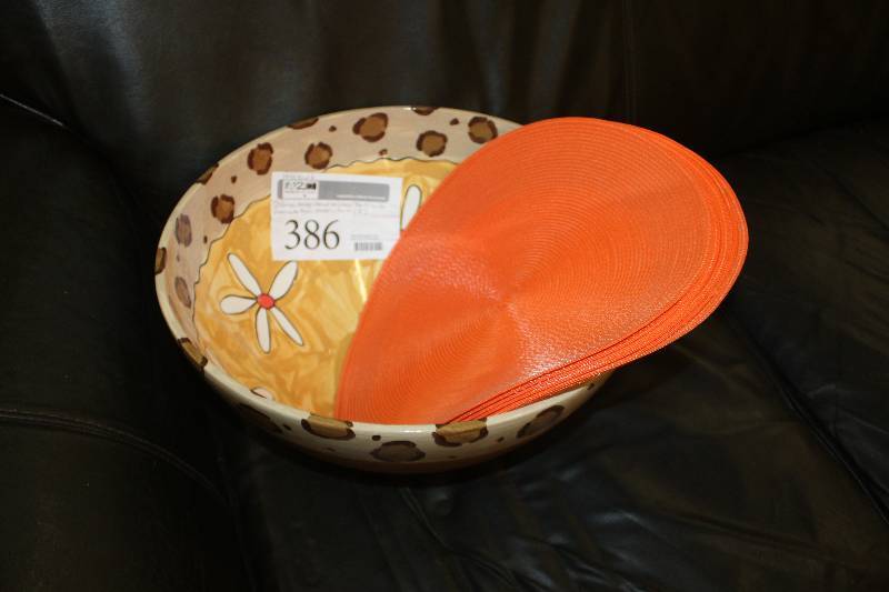 lot 386 image: Lot of (2) High End Pottery Barn Ceramic Design Hand-painted Bowl w Placemats