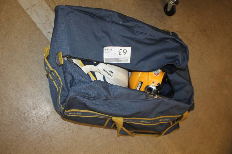 lot 63 image: Lot of Hockey Equipment Including Fury Gear Bag, Shoulder Pads, Bauer Helmet, Elbow Pads