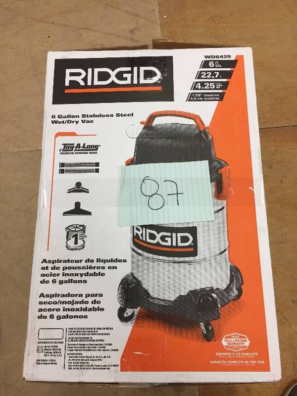 lot 87 image: Ridgid 6 gal. 4.25-Peak HP Stainless Steel Wet Dry Vac New
