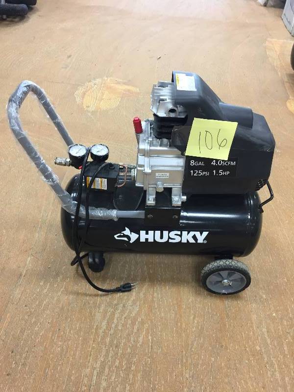 lot 106 image: Husky 8 Gal. Portable Oil Free Electric Air Compressor in working conditions