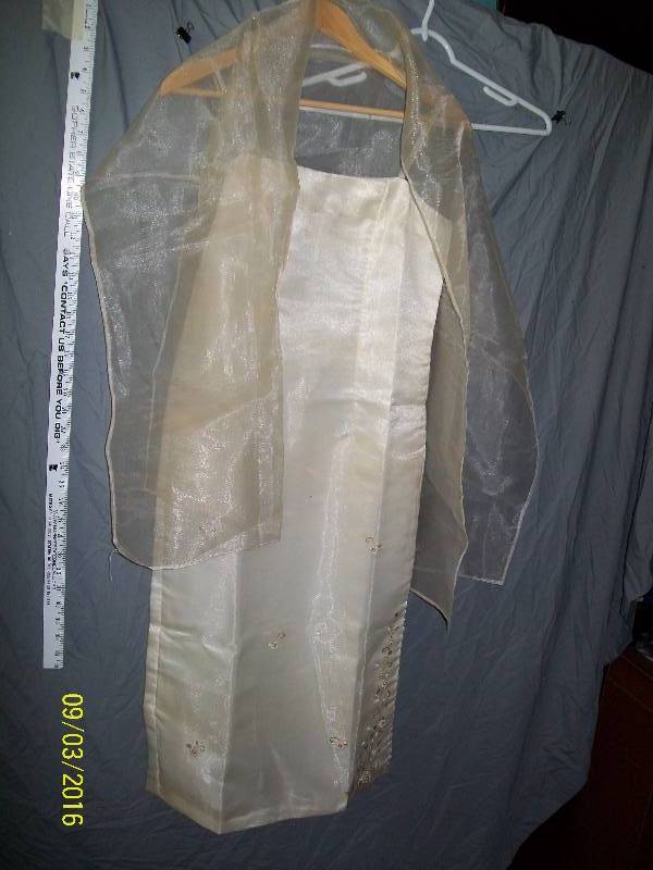 lot 5 image: Adult CostumeOriental Evening Gown. Unknown Size. Tag says M. Evening Gown with Sheer Wrap Shawl