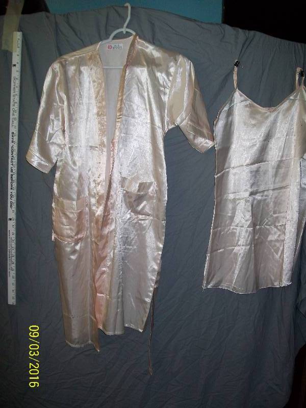 lot 13 image: Adult CostumeSatin-Like Cream Colored Lingerie with Robe & belt. Unknown Size. Robe tagOriental Writing