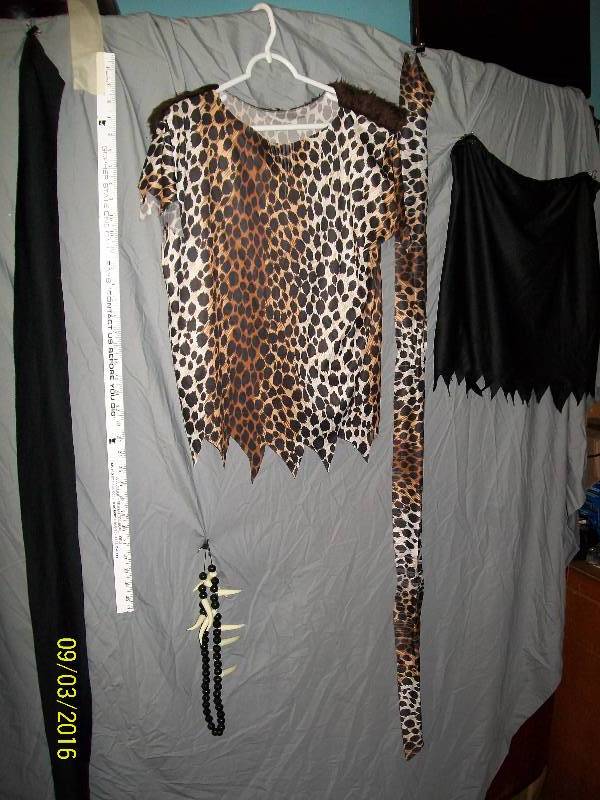 lot 32 image: Adult CostumeCave Woman Shirt, Skirt, Headband, Belt, Necklace. Unknown Size. Tag AdultStandard