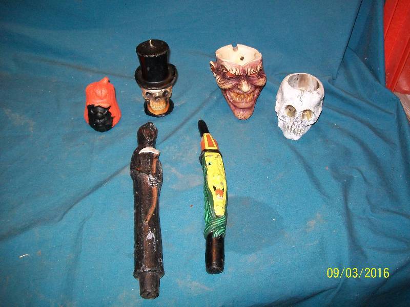 lot 56 image: CandlesGrim ReaperWitchGrim Reaper Head. Skull Candle Holder,  Pirate Ashtray, Black-face Pumpkin