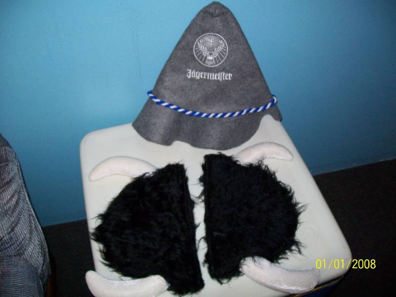lot 80 image: AdultChild Costume Three Hats. Jagermiester & Two Furry Viking Skull Caps with White-ish Horns