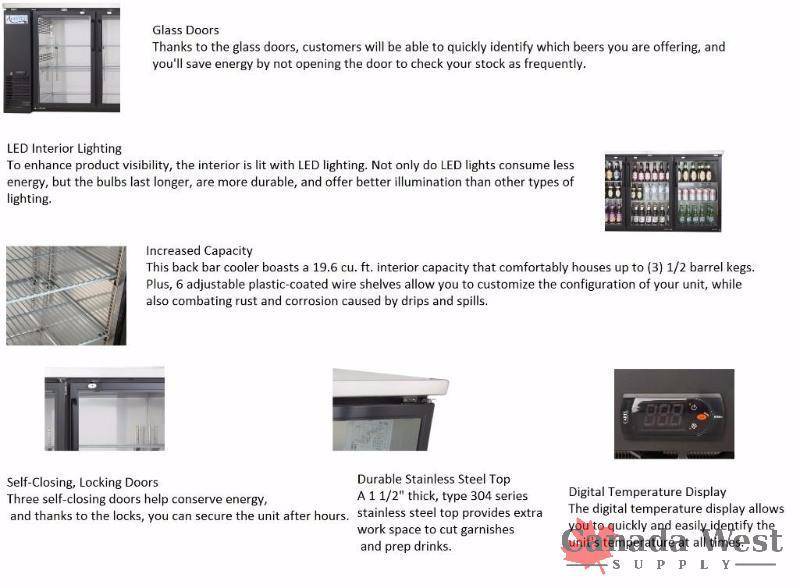 UBB-24-72G 72 Narrow Glass Door Back Bar Cooler Stainless Steel Top and LED Lighting