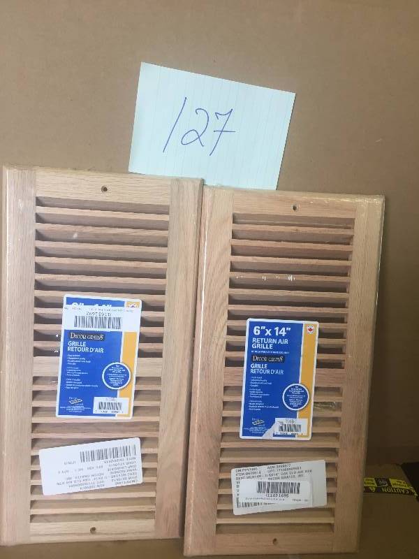lot 127 image: Set of 2 - 6 in. x 14 in. Wood Unfinished Oak Louvered Cold Air Return Grille with No Damper Box