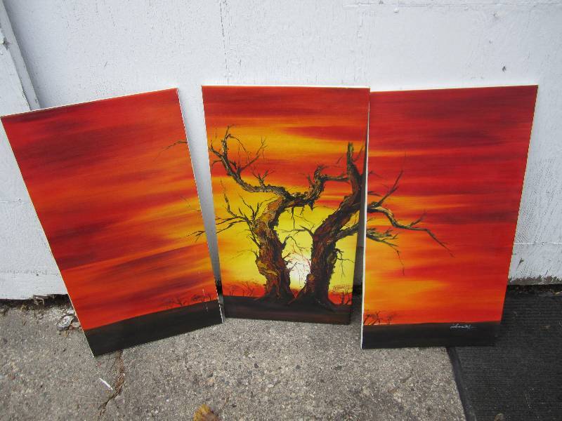 lot 43 image: 3 Piece tree painting, each section...