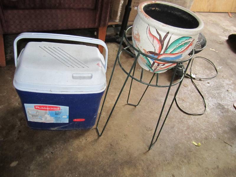 lot 85 image: Cooler, Plant Stand, and pot...