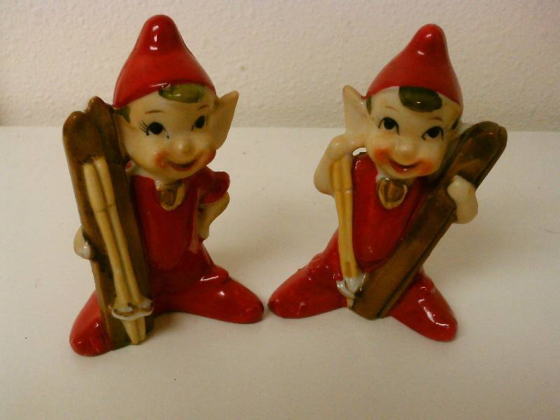lot 77 image: vintage pixie  elf ceramic salt and pepper shakers from the 1950s. 