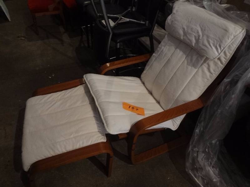 lot 107 image: WoodWhite Cotton ChairFoot Stool