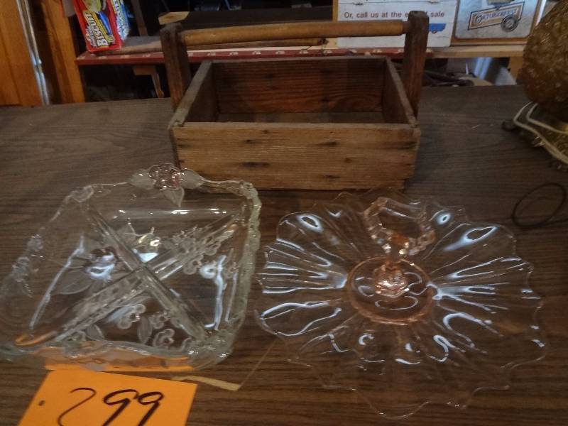 lot 299 image: Two Large Glass Pieces, Wood Carrier
