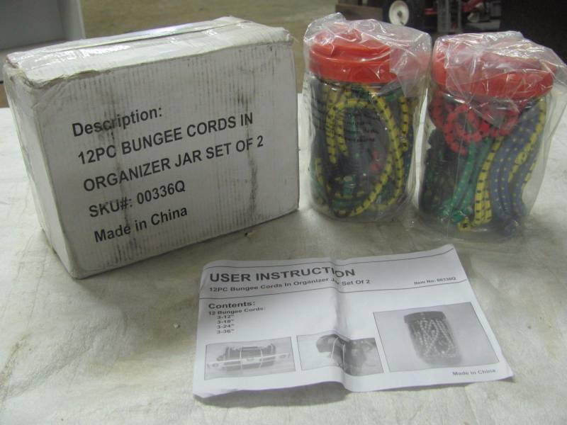 lot 254 image: Lot of 4 Brand New 12 Piece Bungee Cord Sets with Organizer Jar