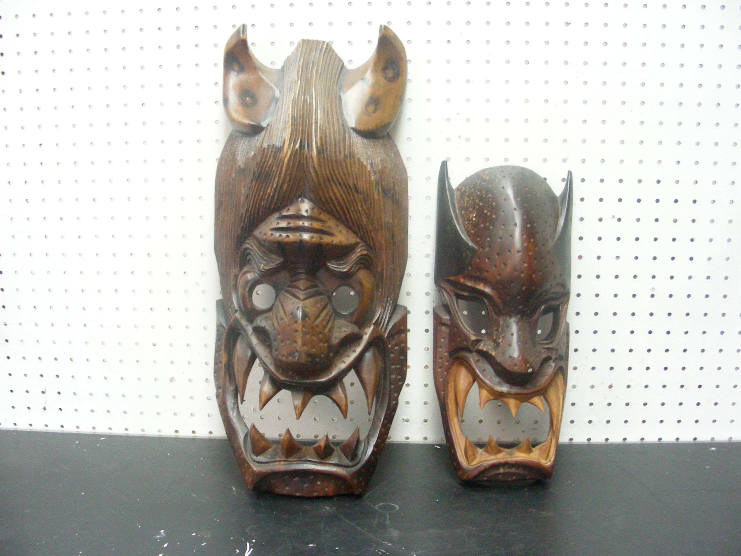 lot 7 image: 2 Scary LARGE Wood Hand Carved Masks