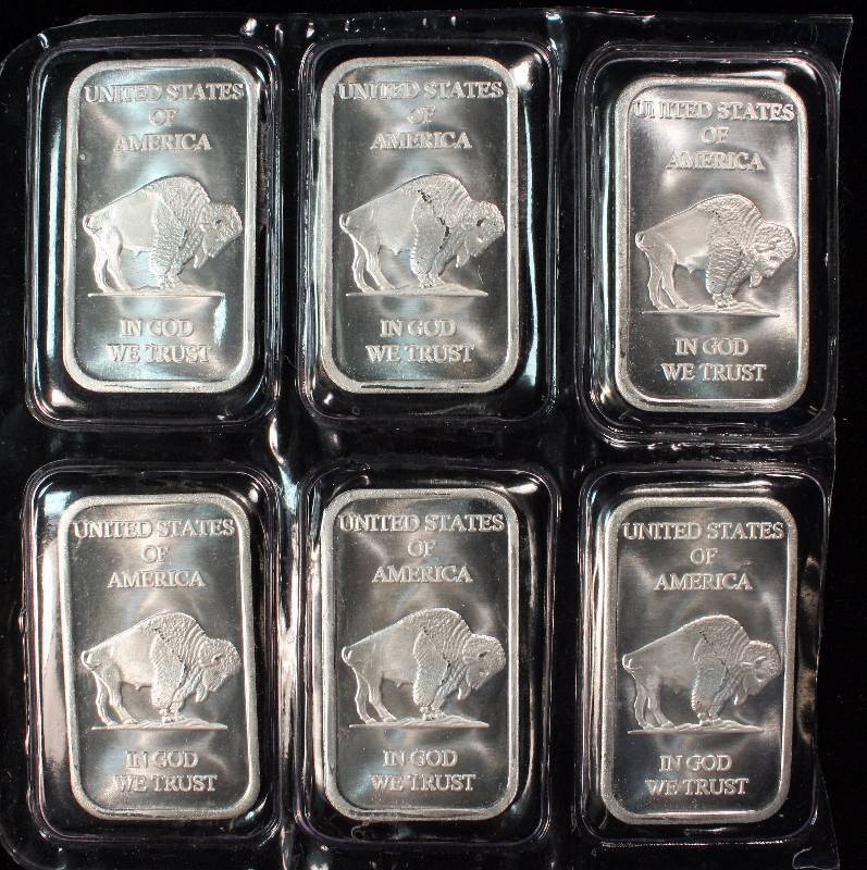 GROUP OF 6 - 1 TROY OZ. .999 FINE SILVER BARS INDIAN BUFFALO SEALED