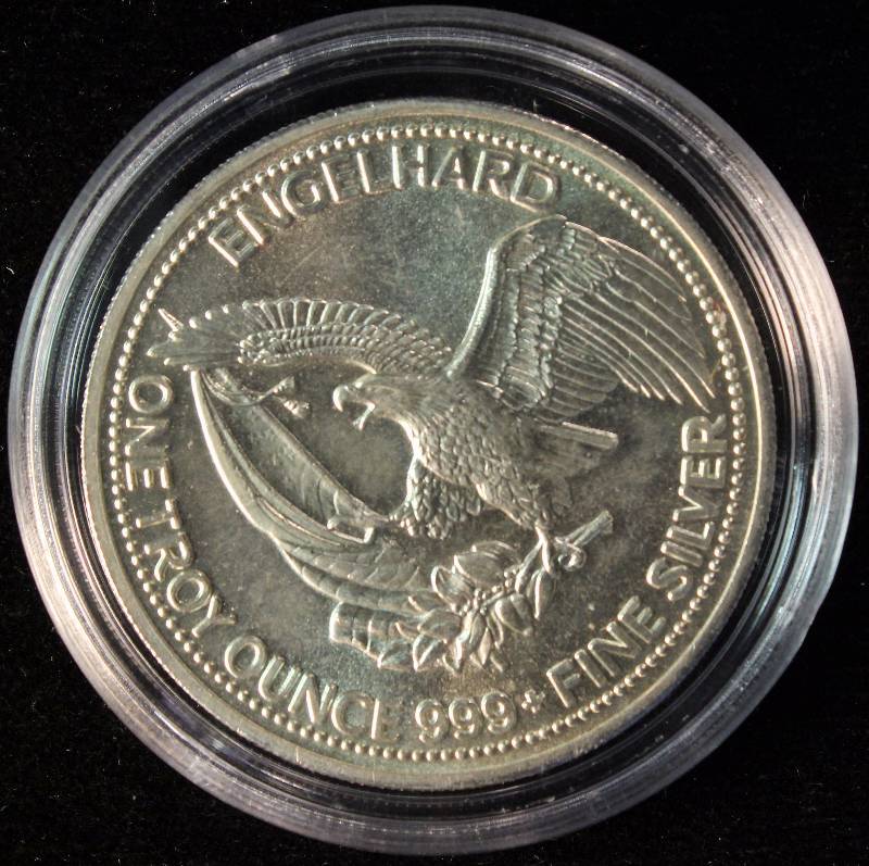 1 TROY OZ. .999 FINE SILVER ROUND 1985 ENGELHARD THE AMERICAN PROSPECTOR IN AIRTITE HOLDER