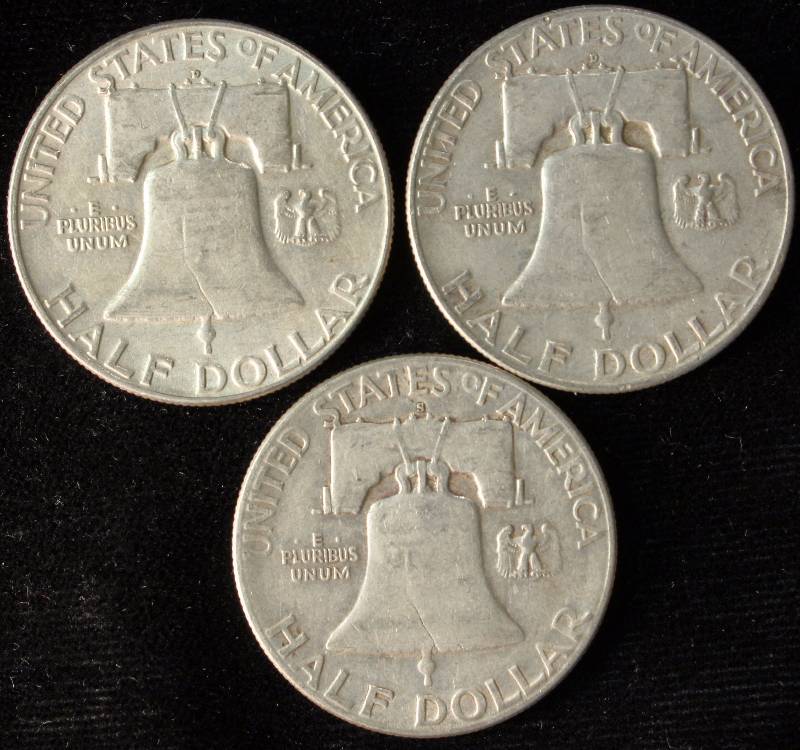GROUP OF 3 FRANKLIN SILVER HALF DOLLARS 1951-S, 1953-D & 1954-D XF-AU