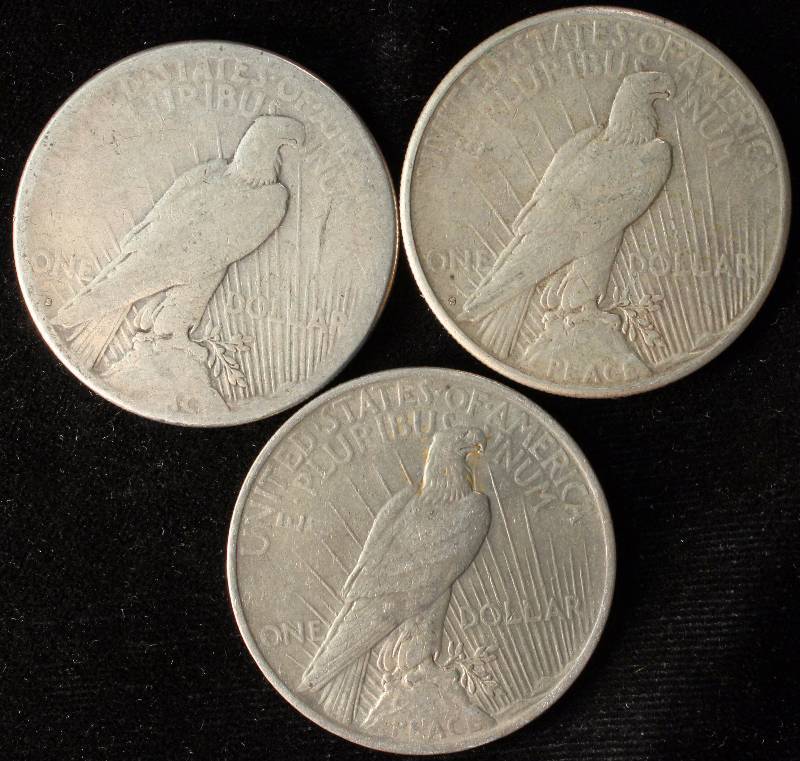 GROUP OF 3 PEACE SILVER DOLLARS IN VG-AU CONDITION