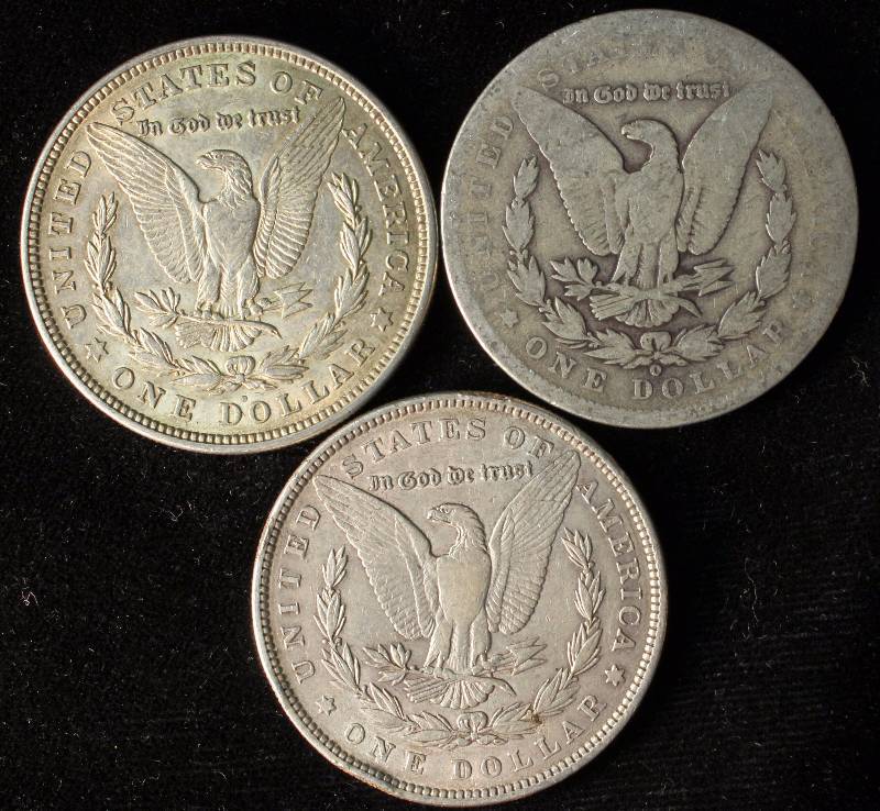 GROUP OF 3 MORGAN SILVER DOLLARS 1885,1890-O & 1921-D