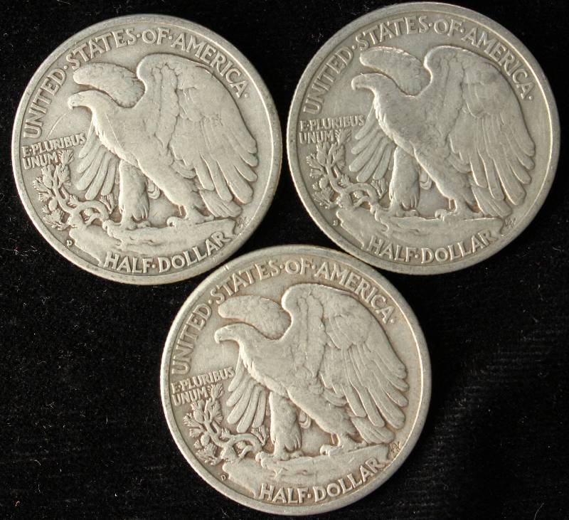 GROUP OF 3 WALKING LIBERTY SILVER HALF DOLLARS 1942-S, 1943D & 1945D F-VF