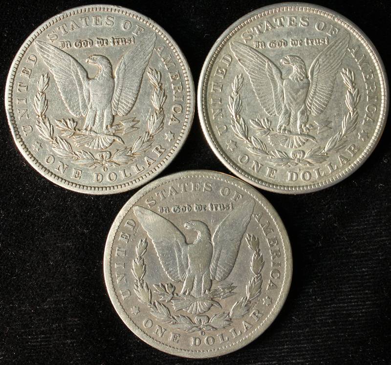 GROUP OF 3 MORGAN SILVER DOLLARS 1892-O,1902-O & 1921-S VG-AU