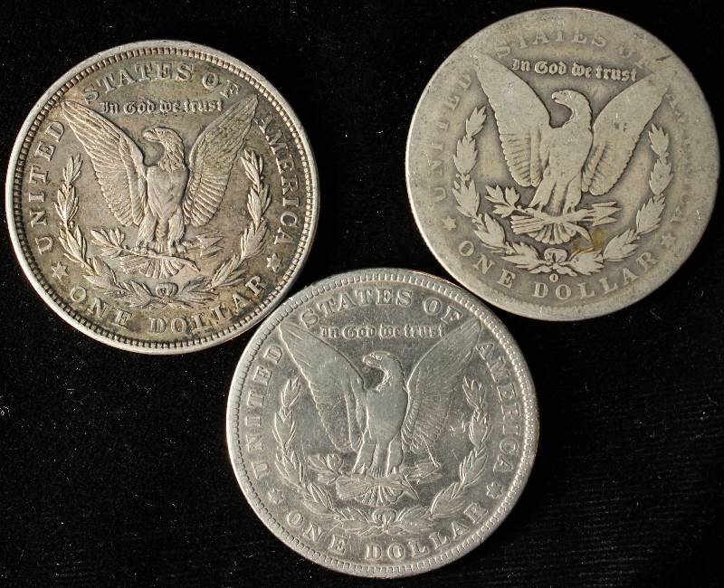 GROUP OF 3 MORGAN SILVER DOLLARS 1882,1886-O & 1921