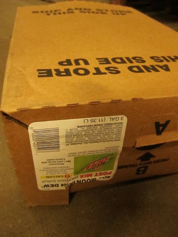 Three Gallon container of Diet Mountain Dew Post drink soda fountain syrup