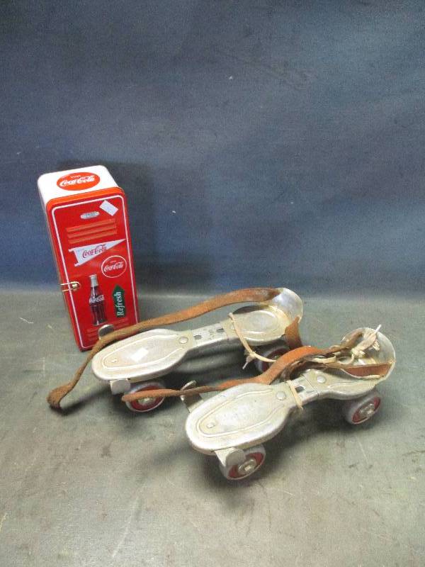 lot 137 image: Old Adjustable Skates & Coke Tin Locker