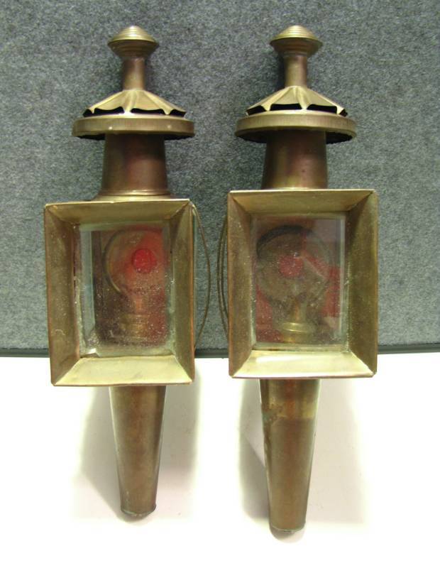 lot 35 image: 2 red lens vintage carriage lamps