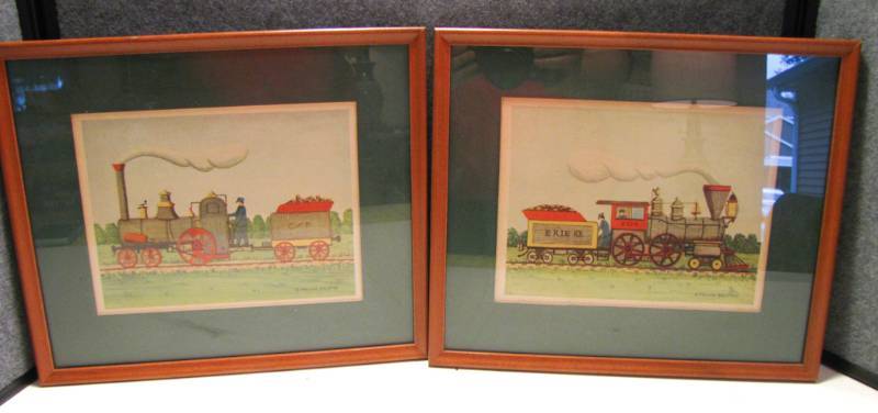 lot 46 image: 2 folk art train prints 1950s