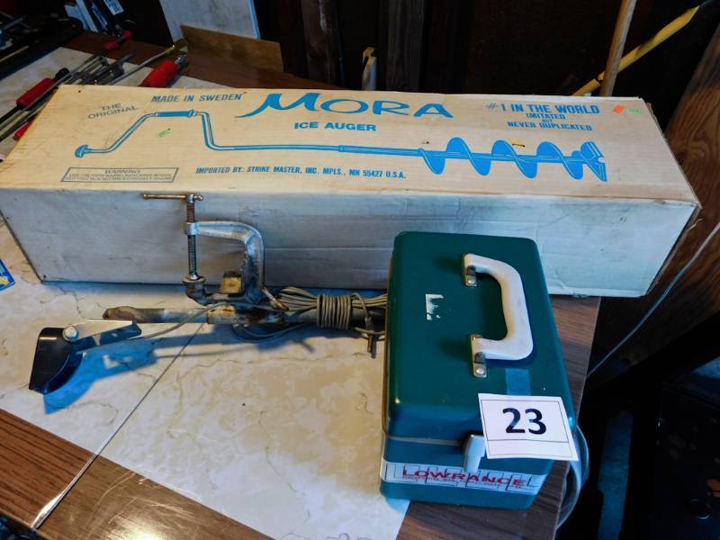 Vintage Lowrance fish finder and ice auger NIB