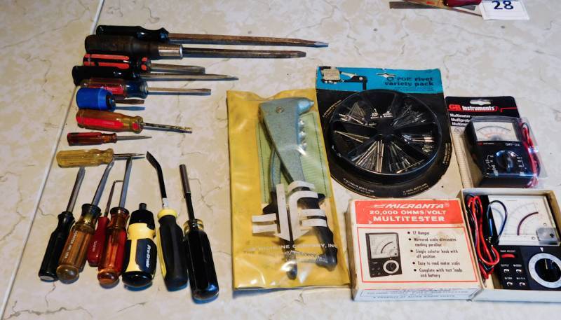 screwdrivers, voltmeters rivet hammer