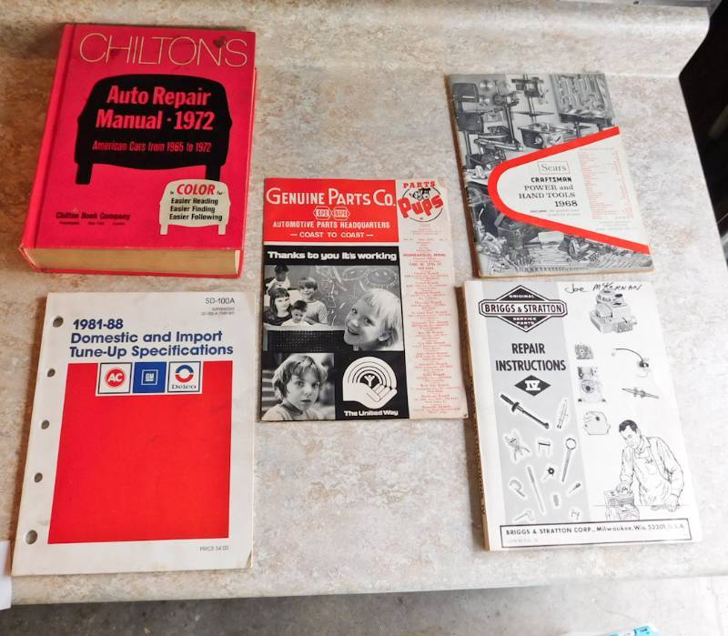 Repair manuals, parts catalogs and joke book