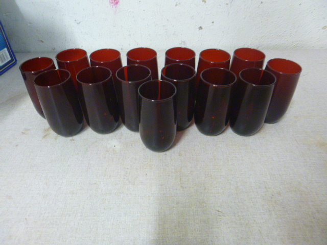 lot 206 image: 15 Red Glass Drinking Glasses