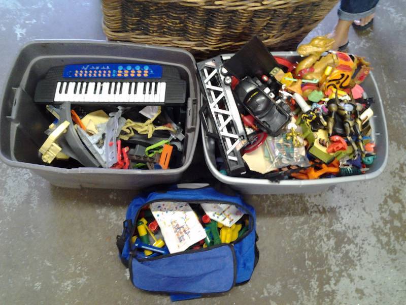 lot 11 image: 2-Bins Of Toys, Trains, Tracks, Action Figures