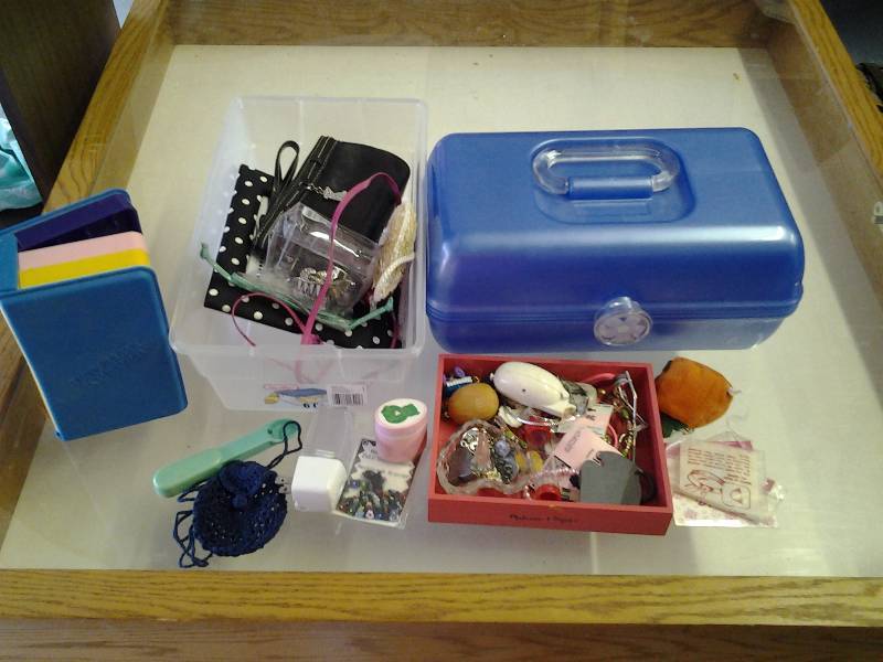 lot 21 image: Caboodle Box, Assorted Jewelry, Earring Storage Box, Nail Polish, Hair Straightener, Misc